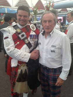 Cambridge Bagpiper with Jackie Stewart at 2013 Bahrain F1 Grand Prix